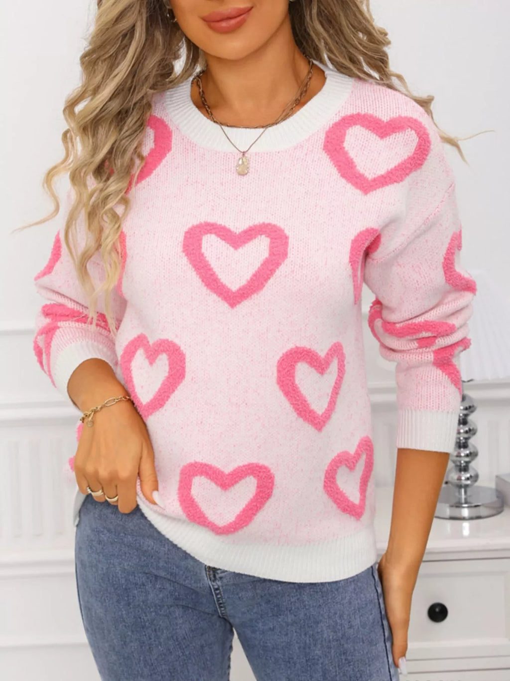 Valentine's Day Heart Pattern Round Neck Sweater