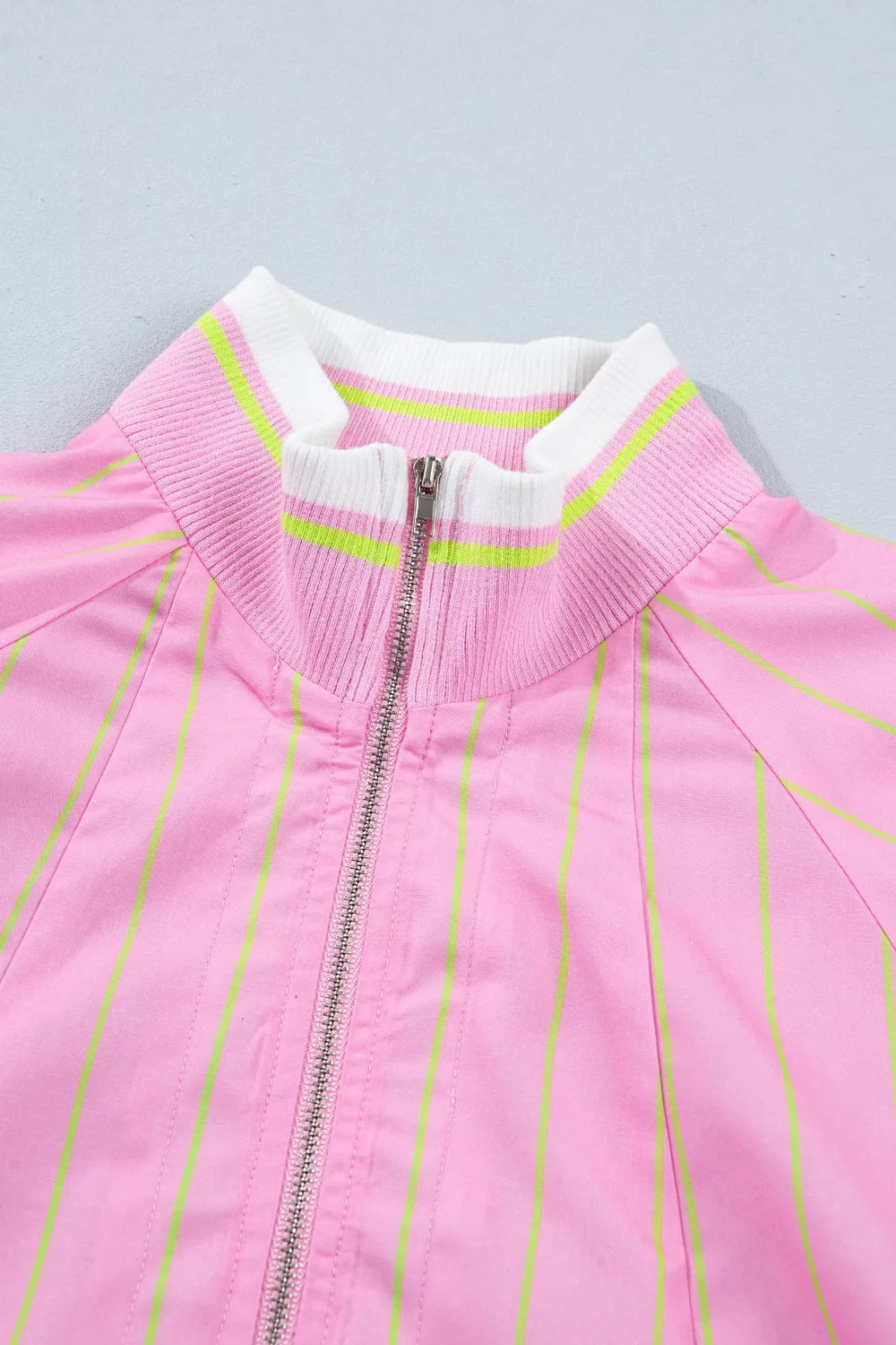 Stripe Striped V-Neck Half Sleeve Zipper Ribbed Cuff Casual Shift Blouse