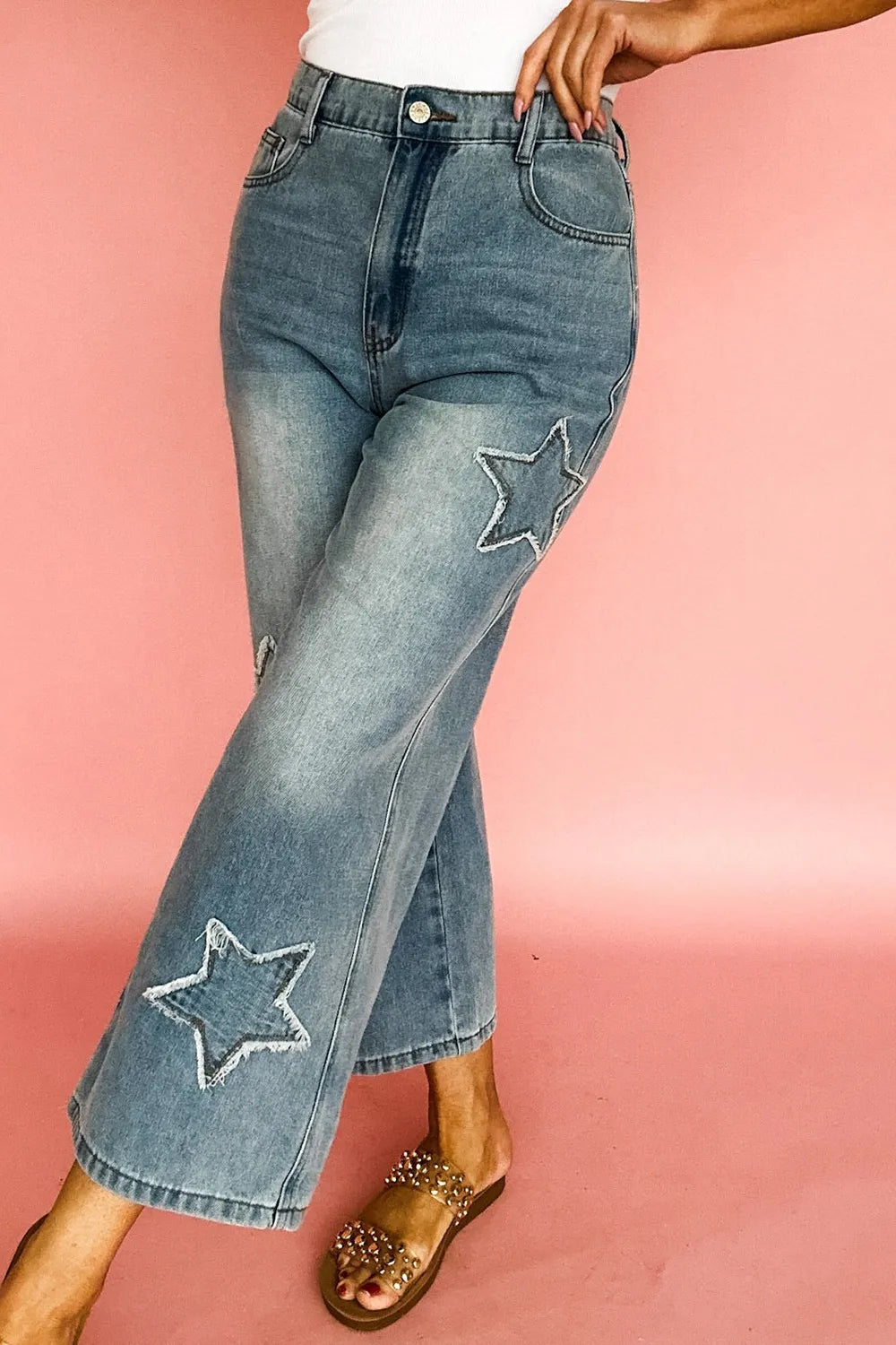 Star Embroidered High Waist Wide Leg Jeans