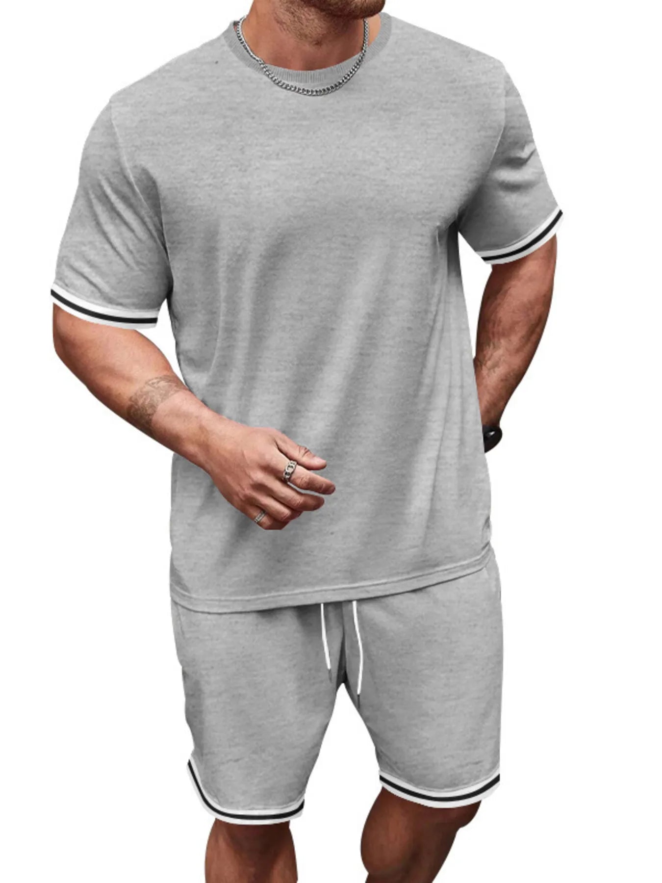 Men's Full Size Striped Short Sleeve Tee and Shorts Set Plus Size