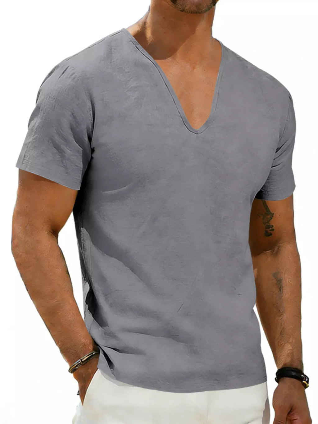 Men's Full Size Casual V-Neck Linen T-Shirt Plus Size