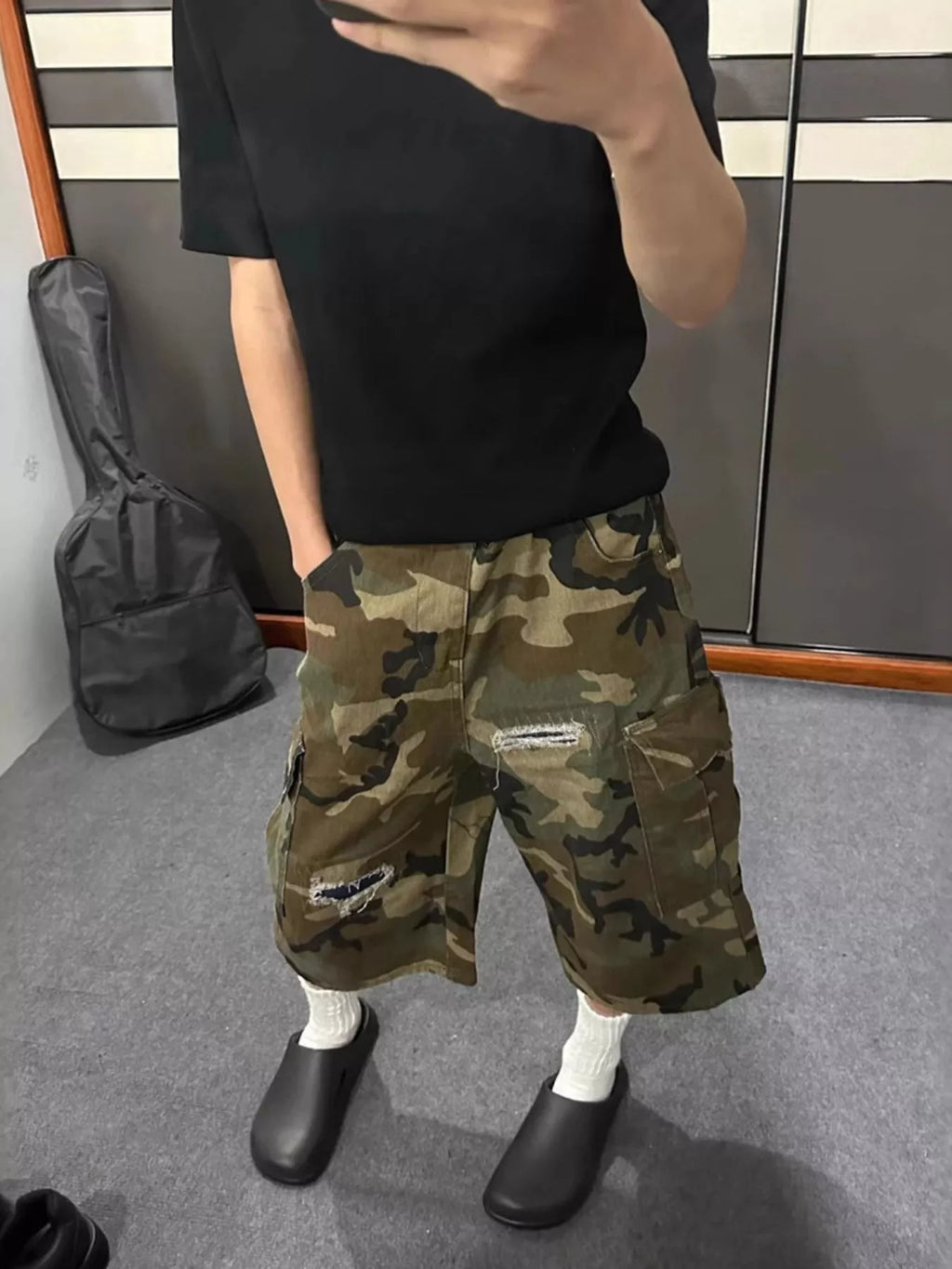 Men's Full Size Camouflage Cargo Denim Shorts with Distressed Details Plus Size