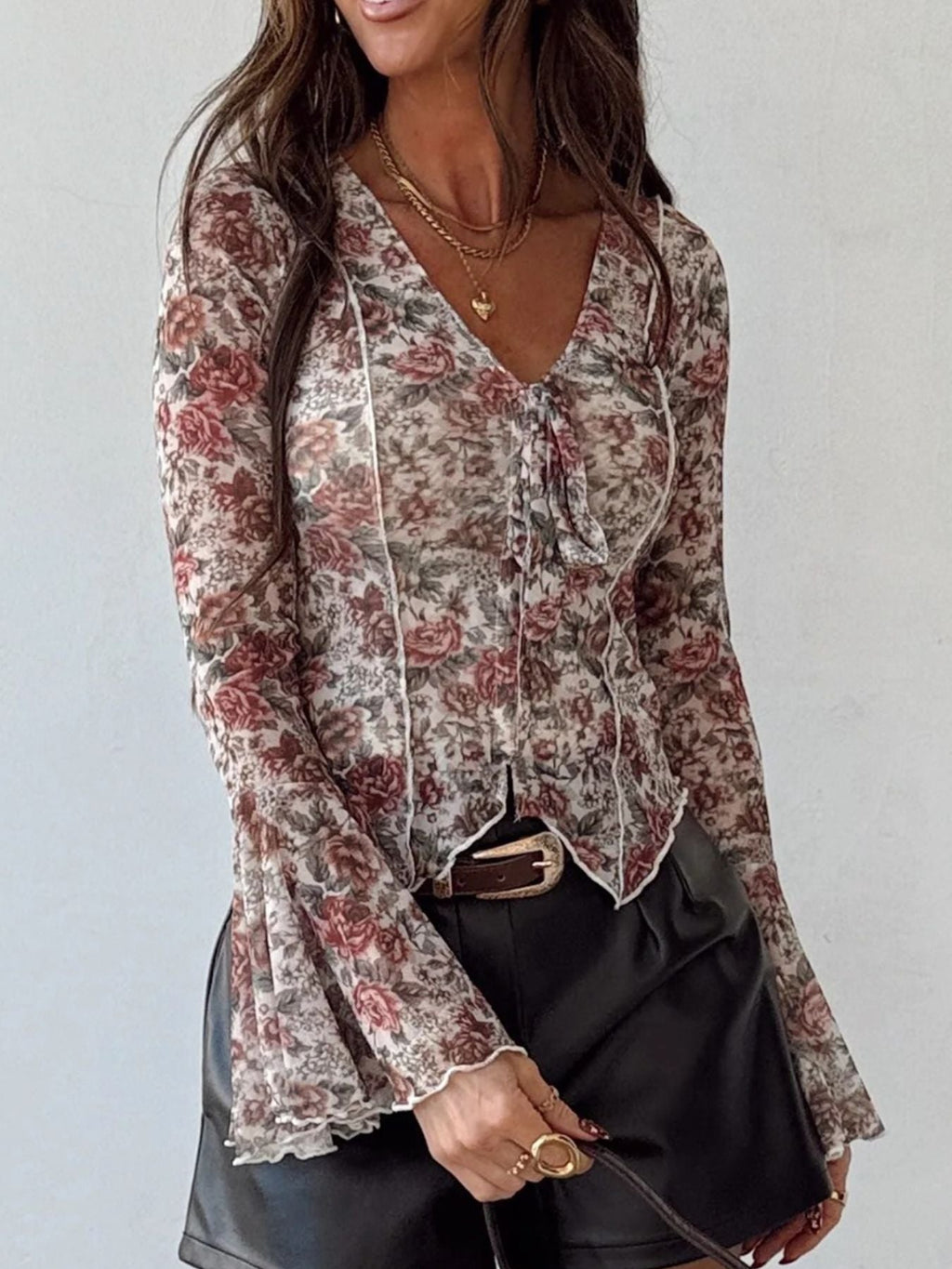 Floral Print Flounce Sleeve Blouse