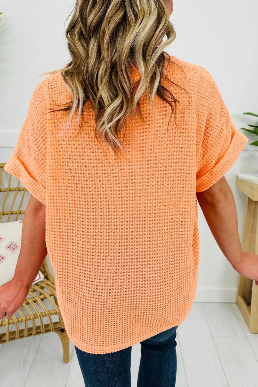 Textured Waffle Knit V-Neck T-Shirt
