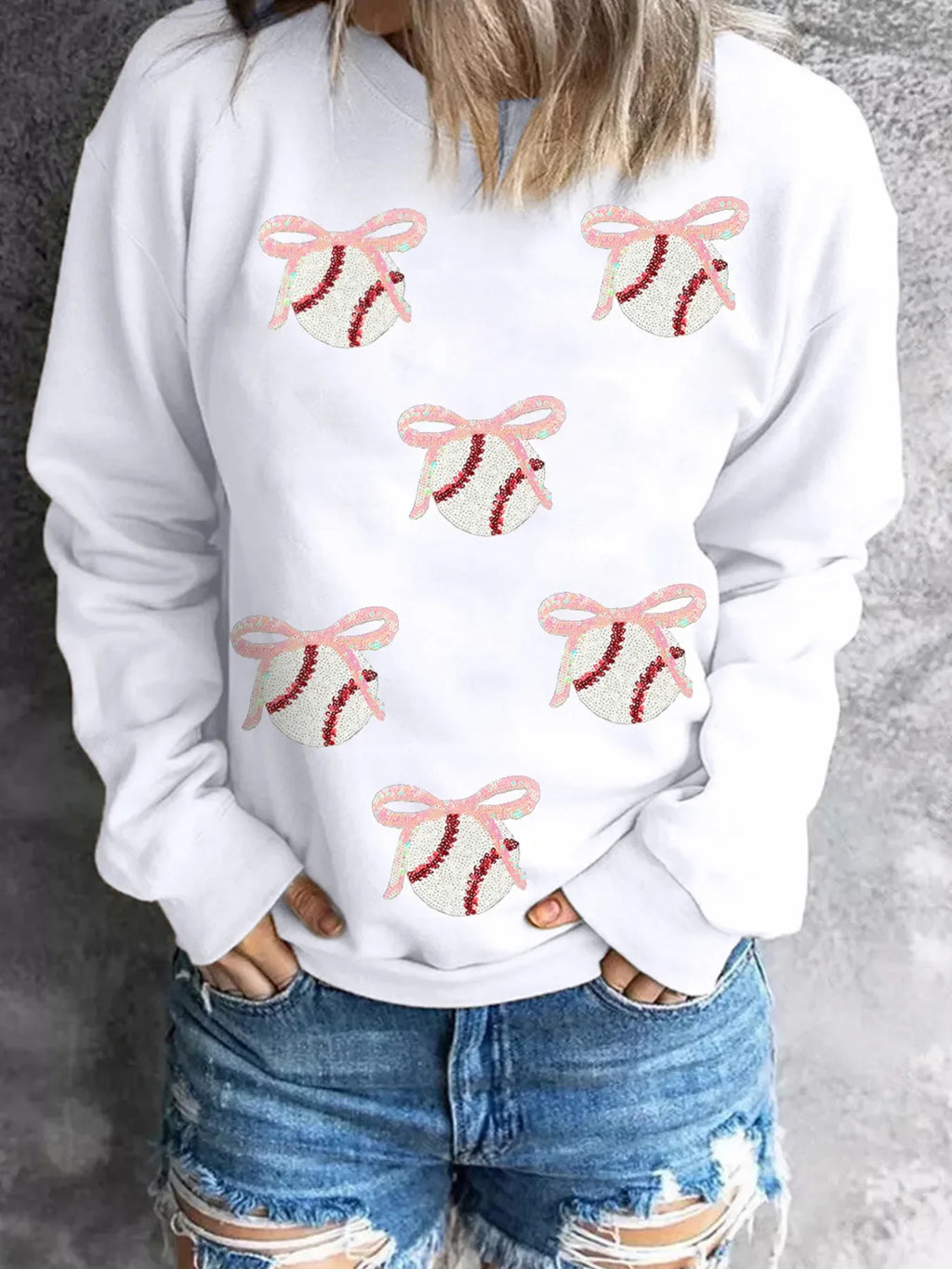 Sequin Bow Baseball Patched Casual Sweatshirt