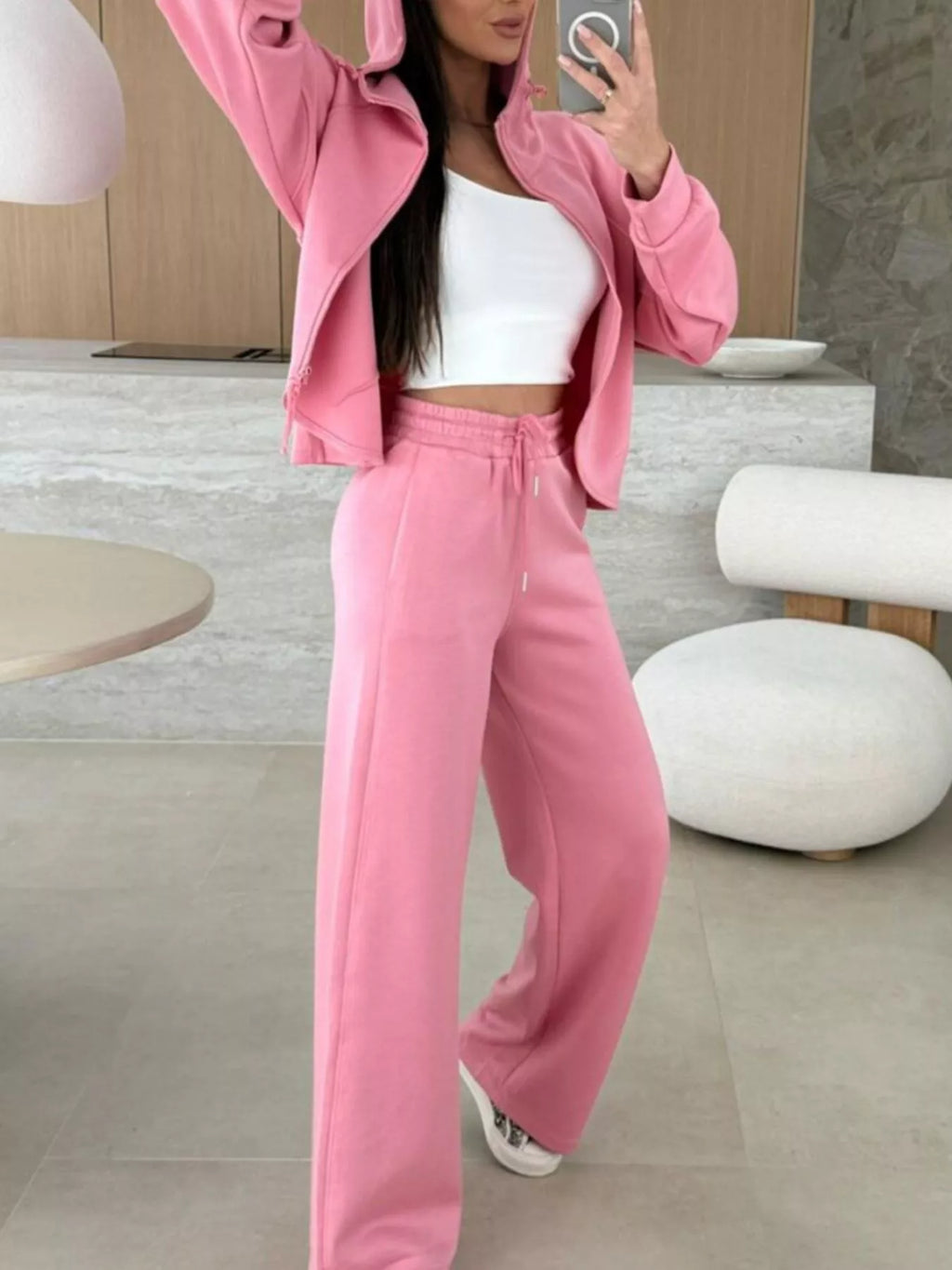 Solid Color Zip Up Hoodie Drawstring Loose Pants Set