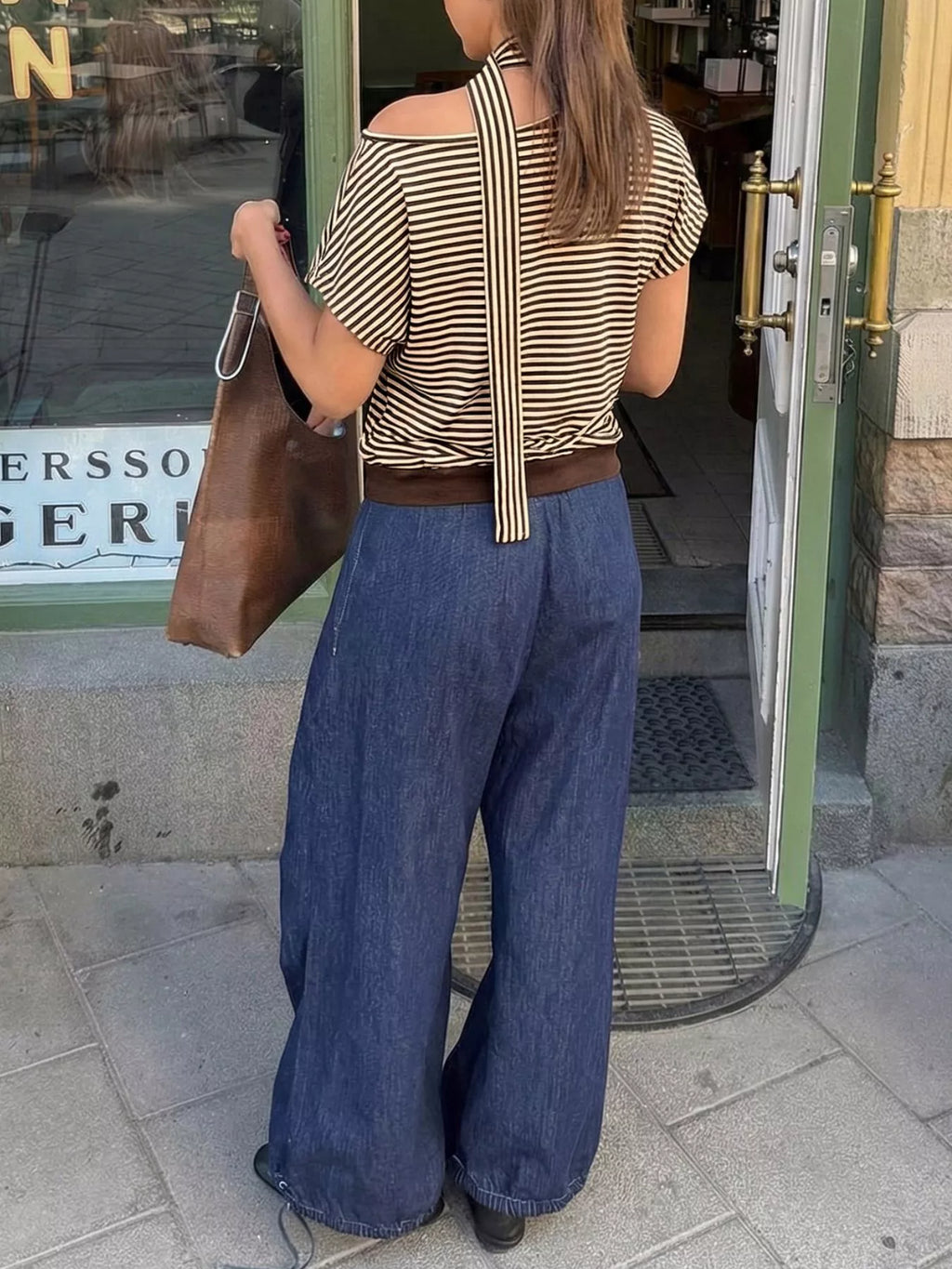 Striped Single Shoulder T-Shirt