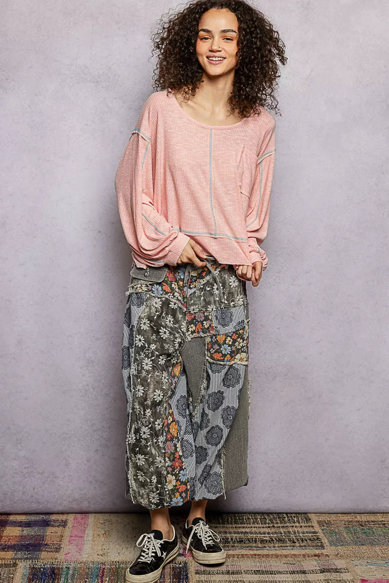 POL Round Neck Long Sleeve Exposed Seam Top with Chest Pocket