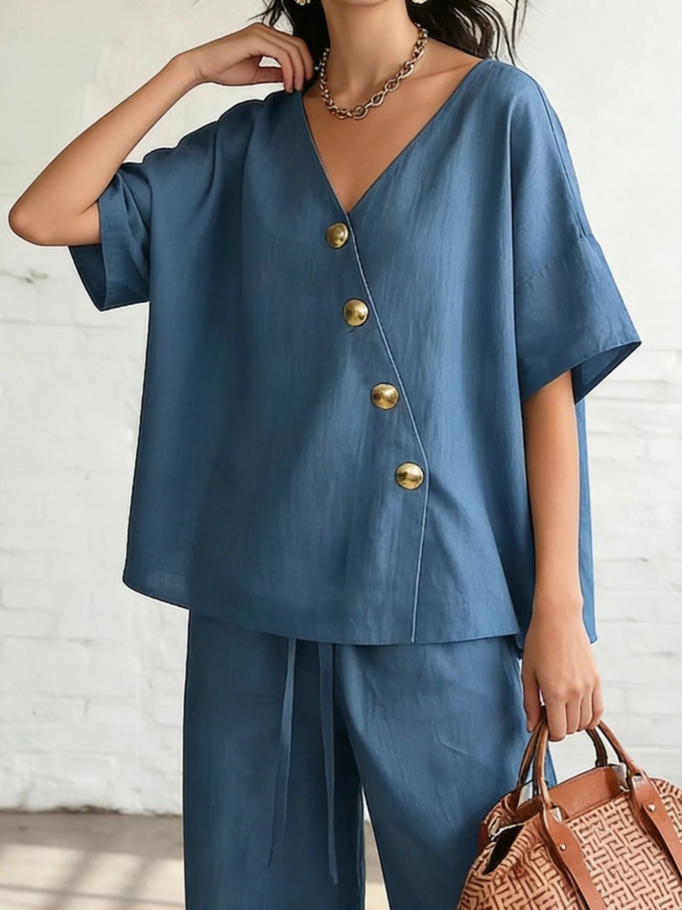 Full Size Surplice Half Sleeve Top and Wide-Leg Pants Set Plus Size