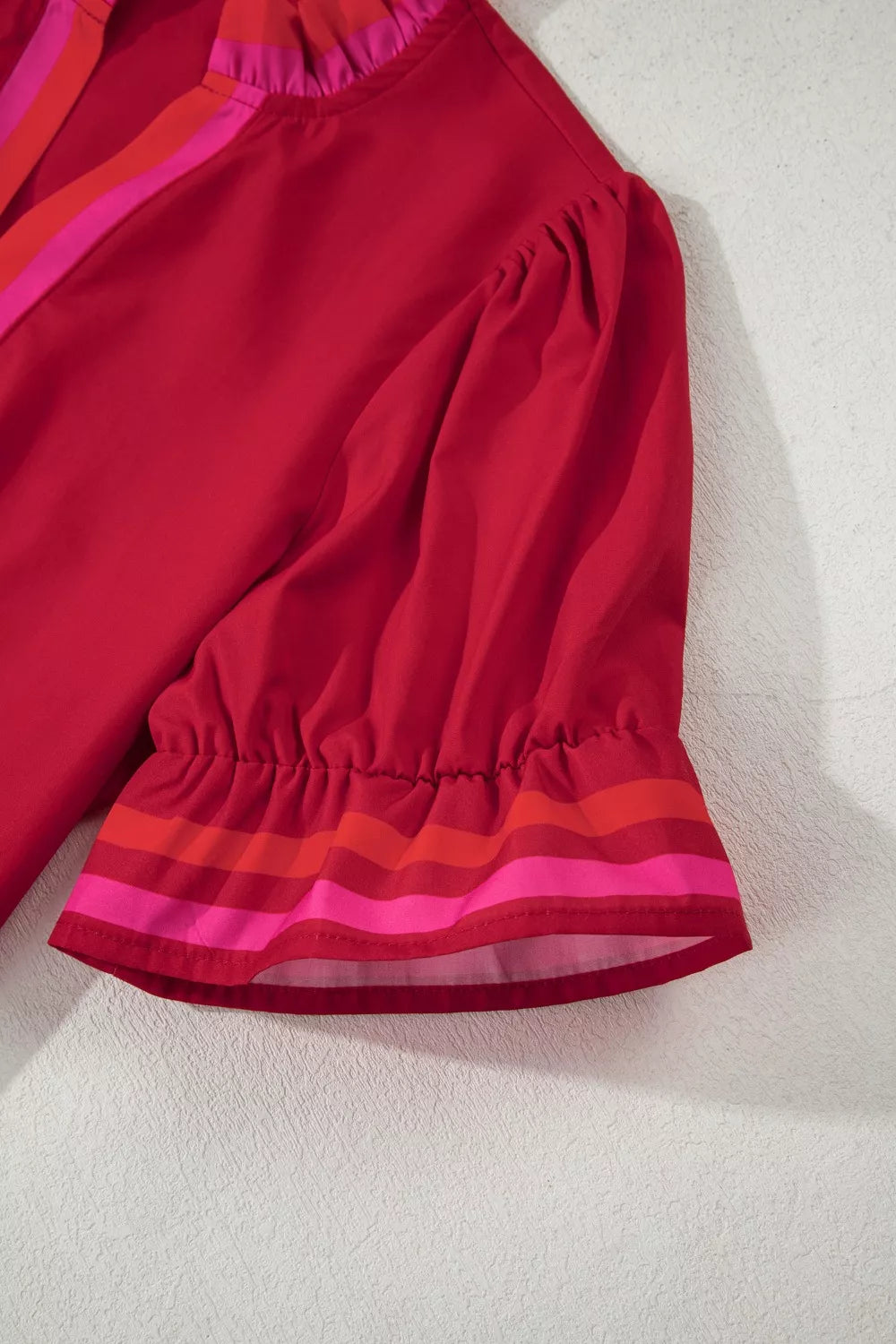 Ruffled Sleeve Notched Blouse with Striped Detail