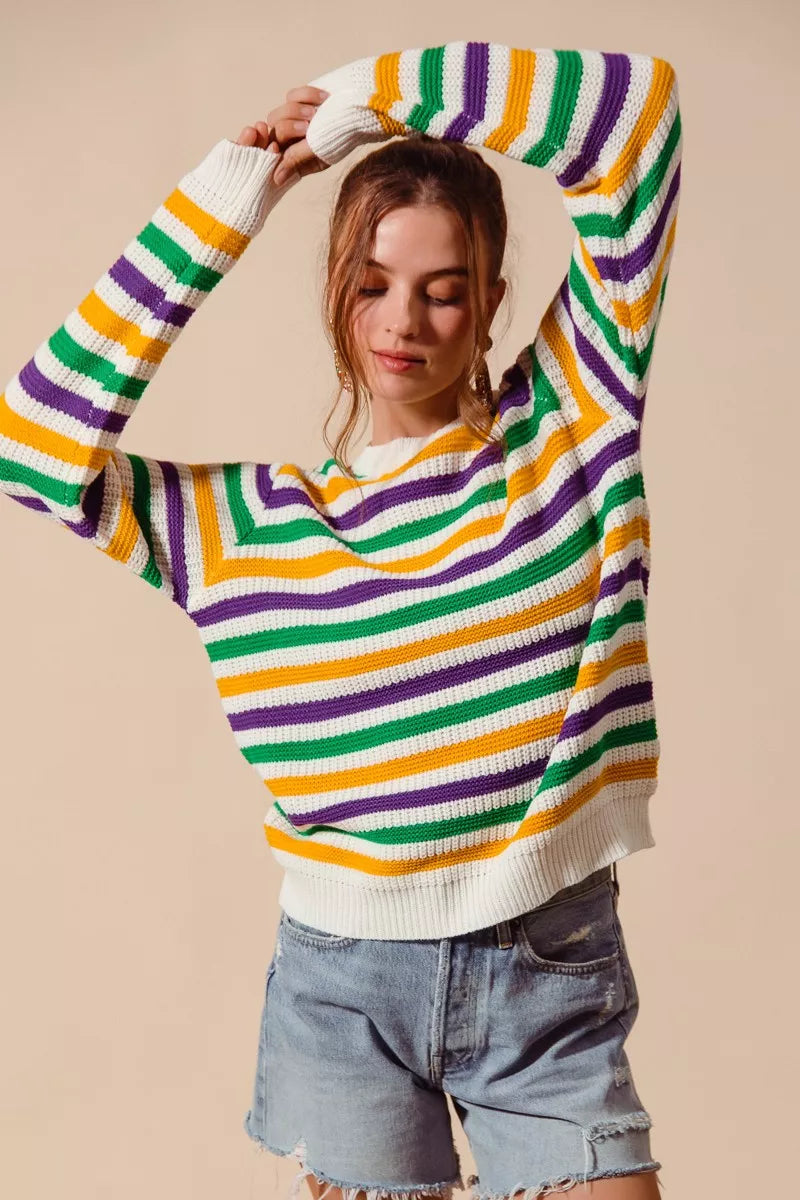 SO ME Mardi Gras Color Stripe Knit Sweater Top