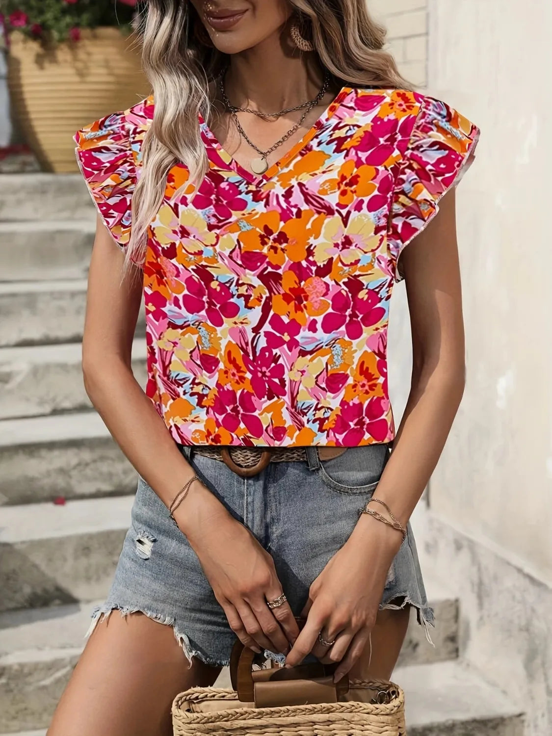 Printed V-Neck Cap Sleeve Blouse