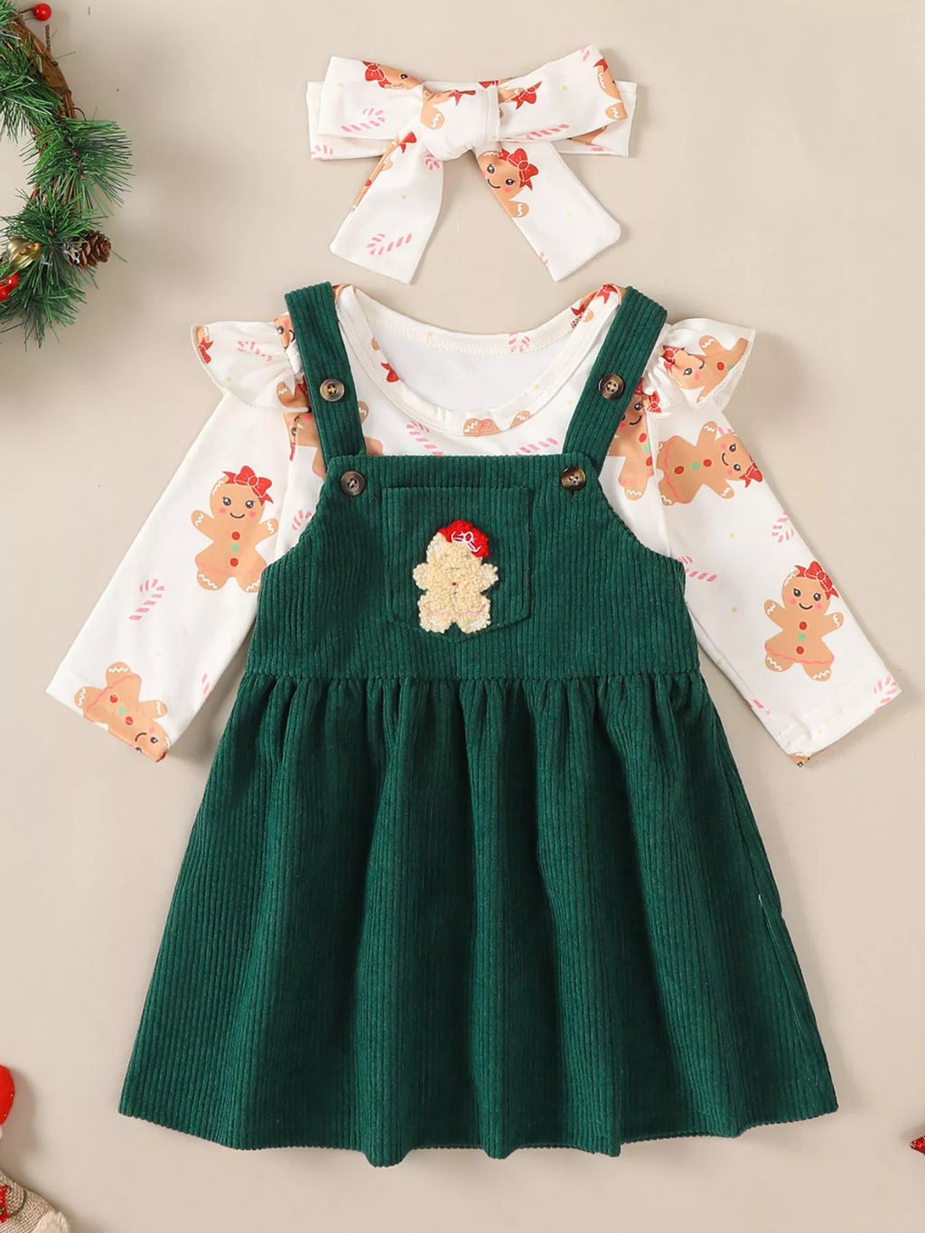 Children's Christmas Bodysuit and Overall Dress Set with Headband