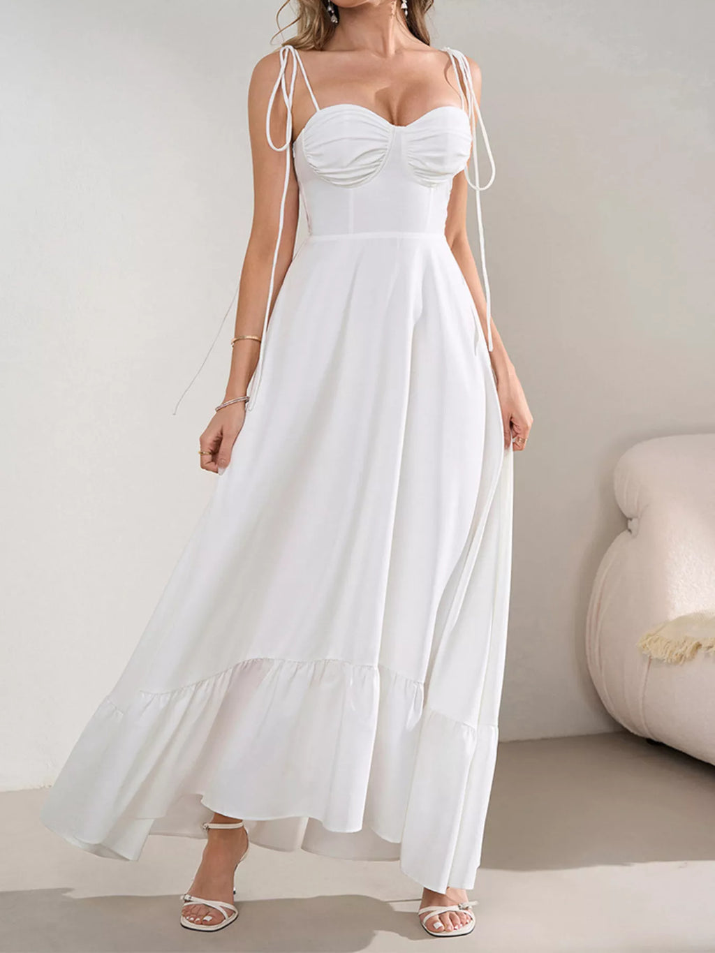 Sweetheart Neck Tie-Strap Ruffle Hem Maxi Dress