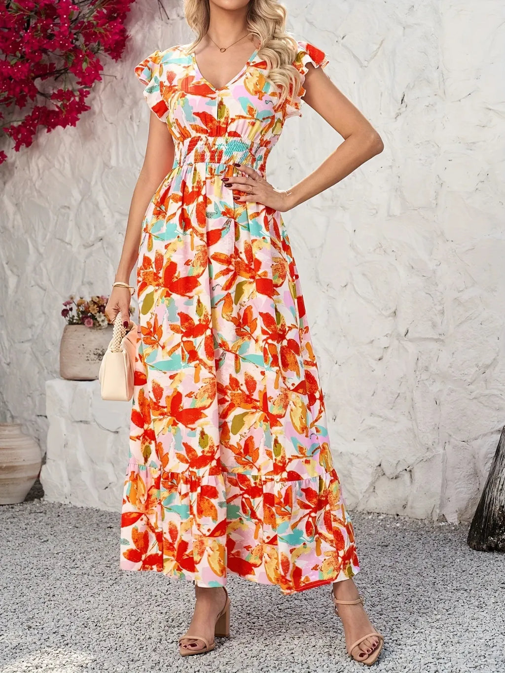 Ruffled V-Neck Cap Sleeve Dress