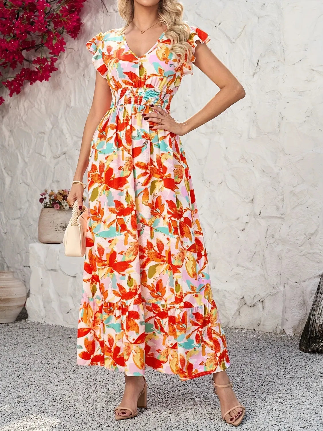 Ruffled V-Neck Cap Sleeve Dress