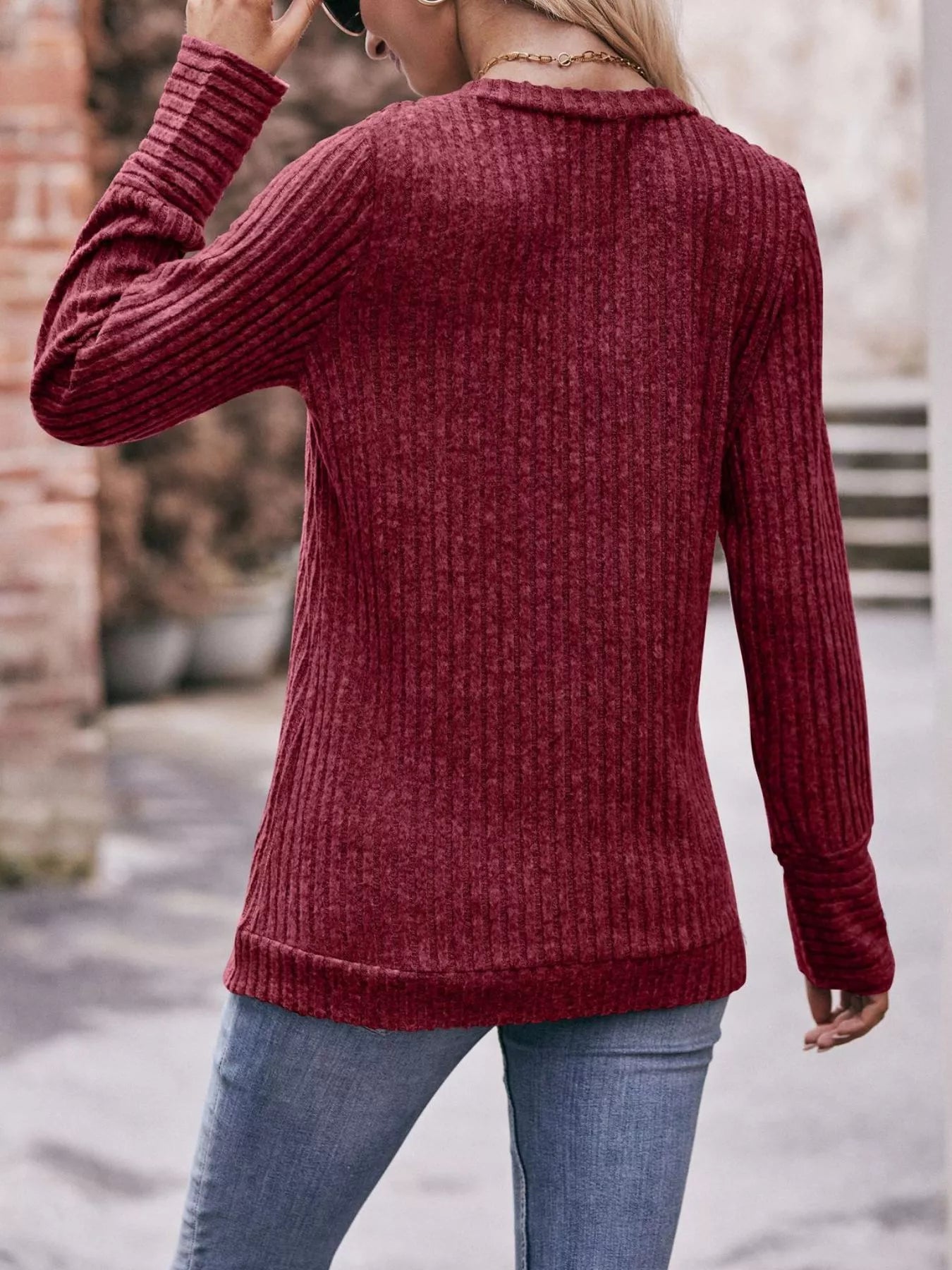 V-Neck Ribbed Knit Long Sleeve T-Shirt