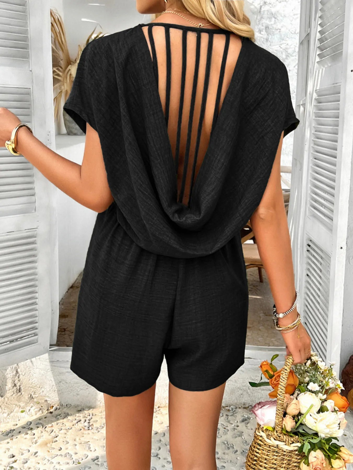 V-Neck Casual Short Sleeve Romper with Pockets