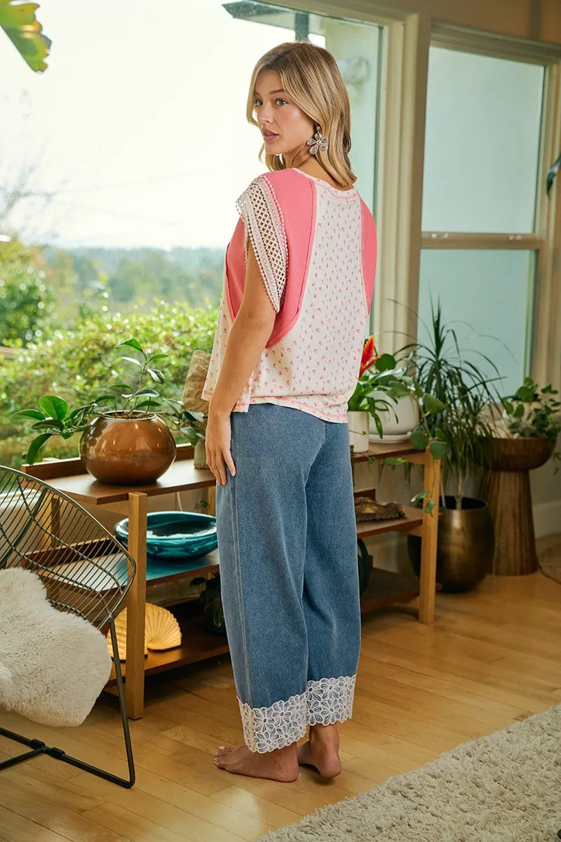 BiBi Washed Denim Waist Flower Lace Trim Pants
