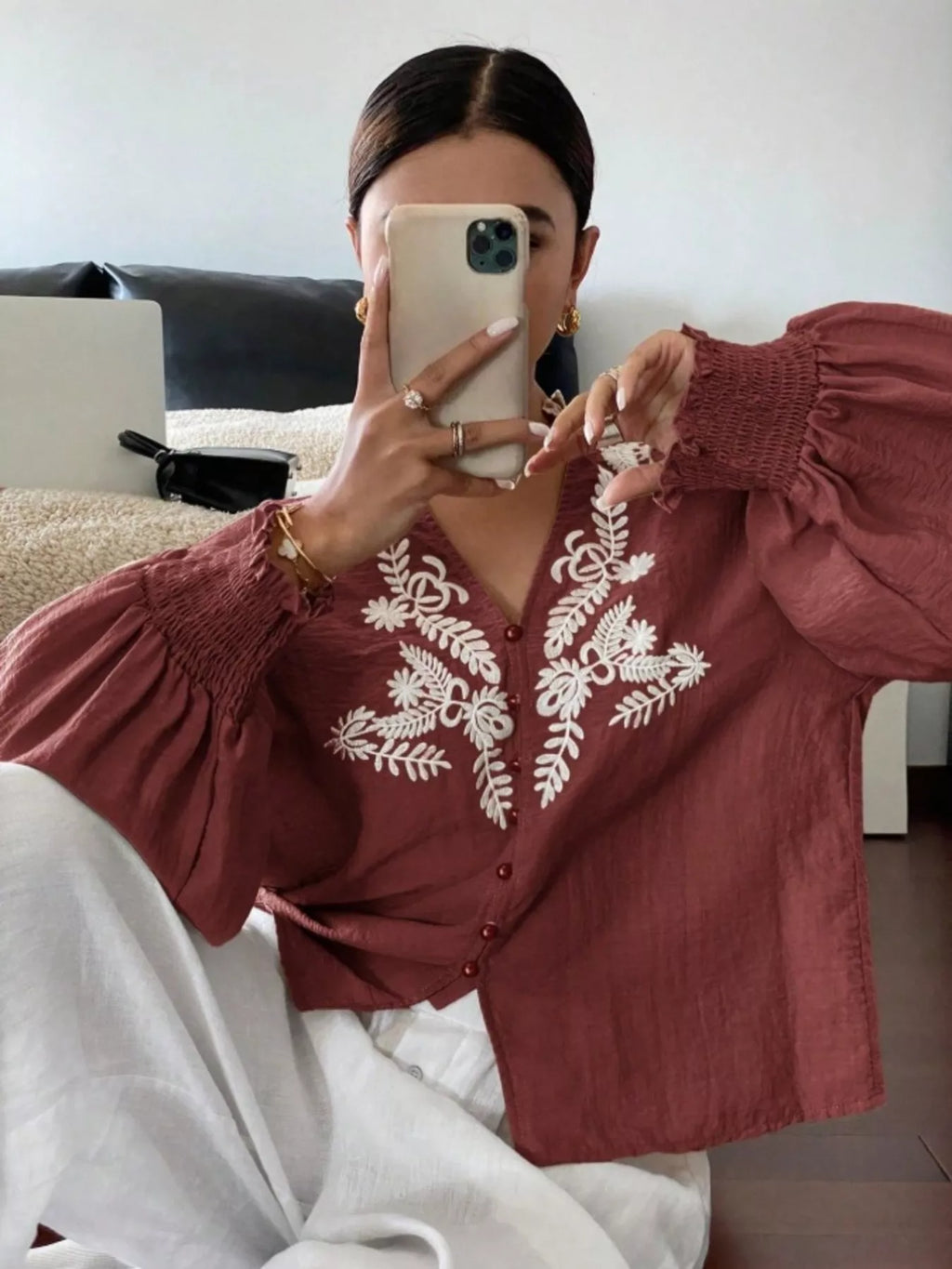 Embroidered Long Sleeve Blouse