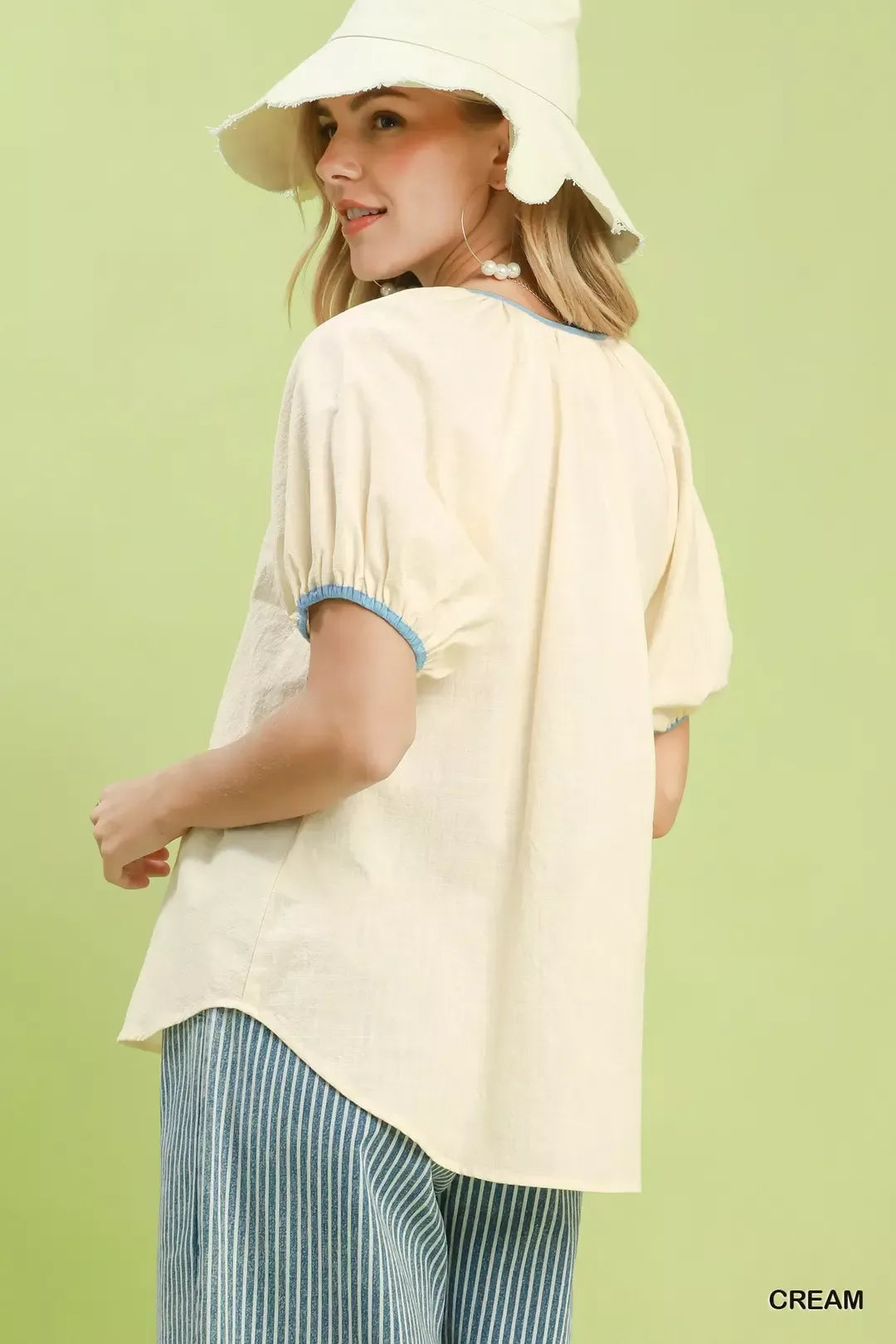 Umgee Contrast Trim Button Front Puff Sleeve Blouse
