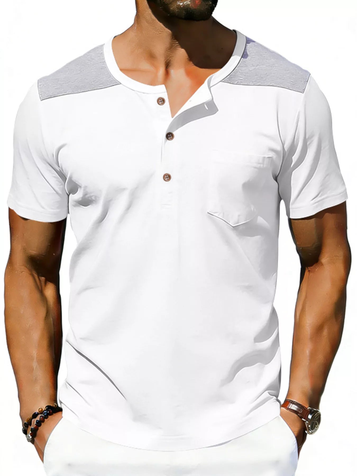 Men's Full Size Casual Henley T-Shirt with Pocket Plus Size