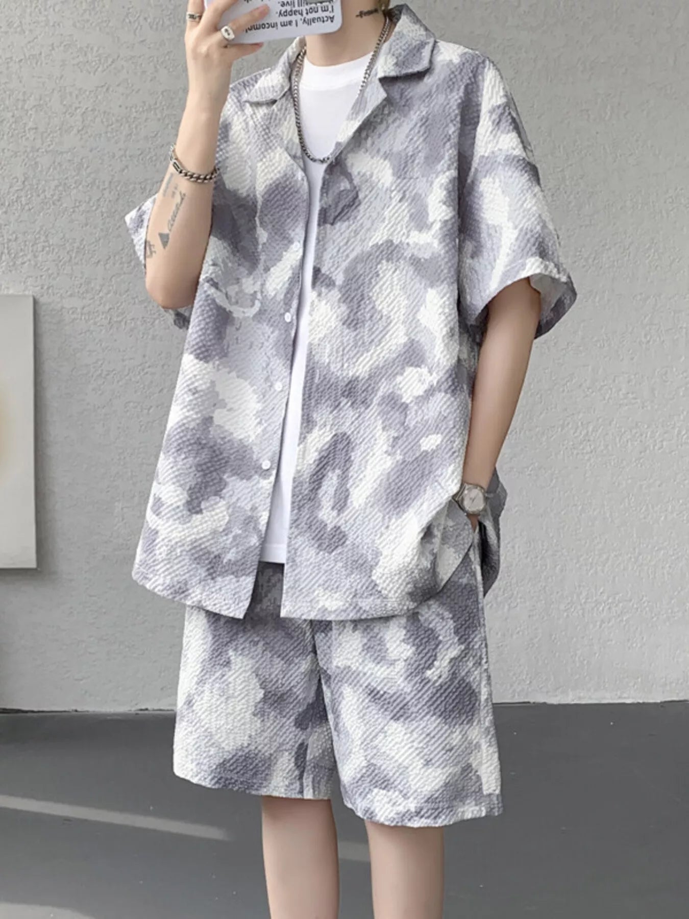 Men's Plus Size Casual Camouflage Print Shirt & Shorts Set