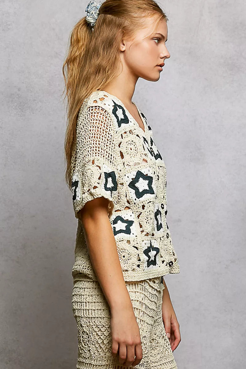 POL Button Front V-Neck Crochet Cardigan with Contast Star