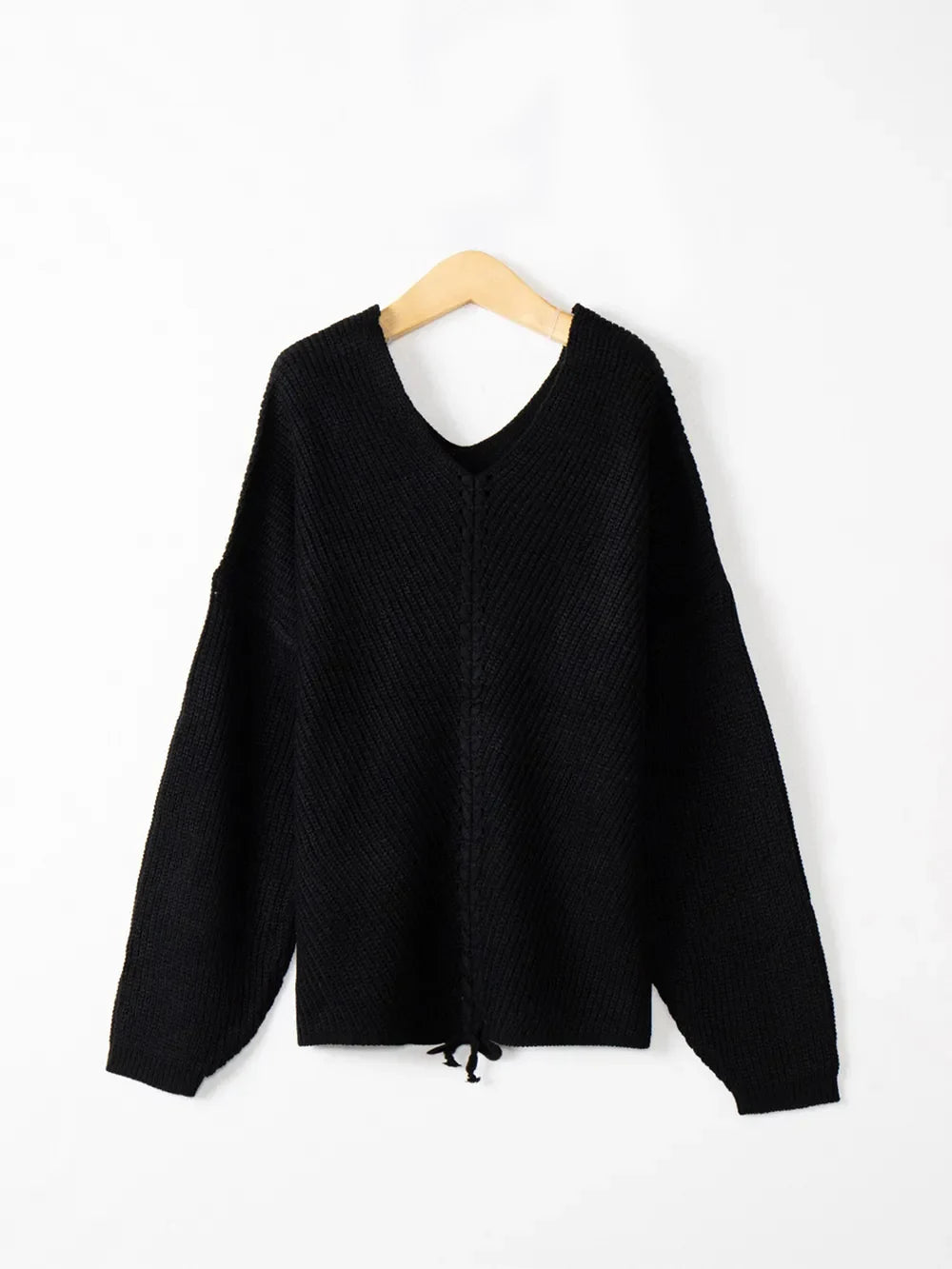 Full Size Lace Up V-Neck Long Sleeve Sweater