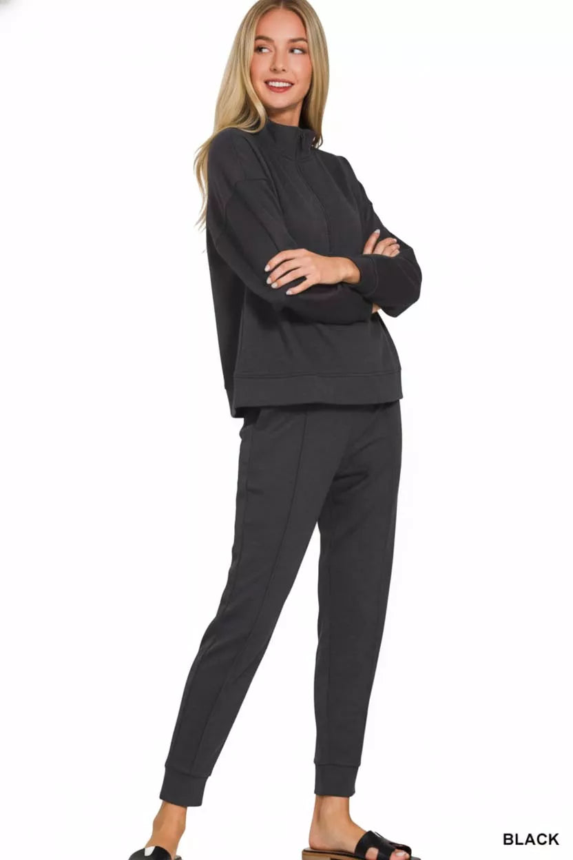 Zenana Scuba Half Zip Pullover and Jogger Set