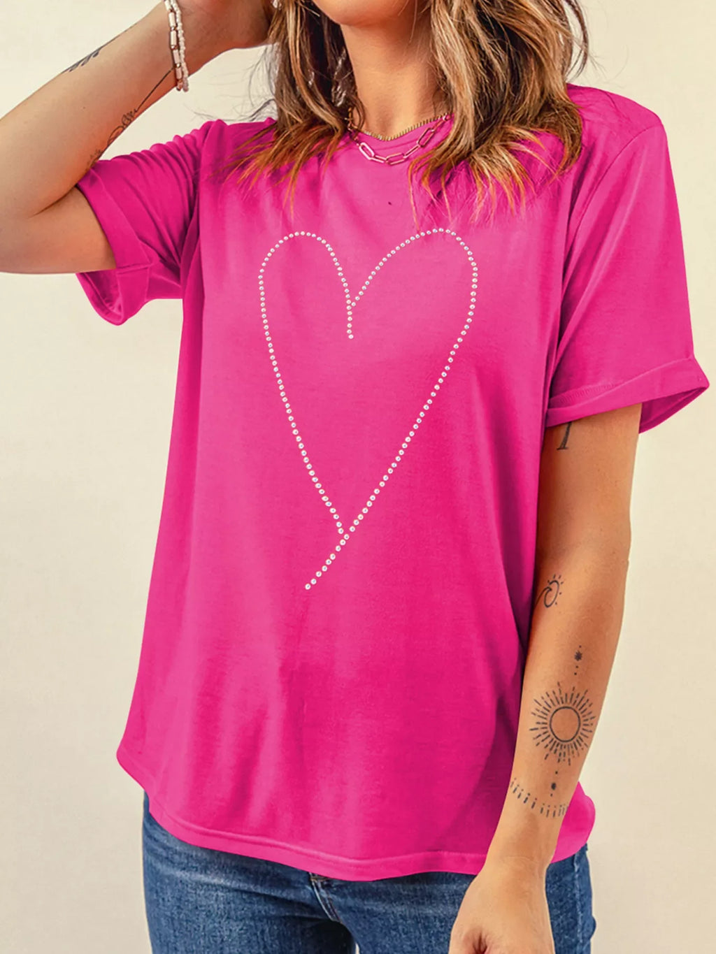 Rhinestone Heart Graphic Crew Neck Valentines Tee