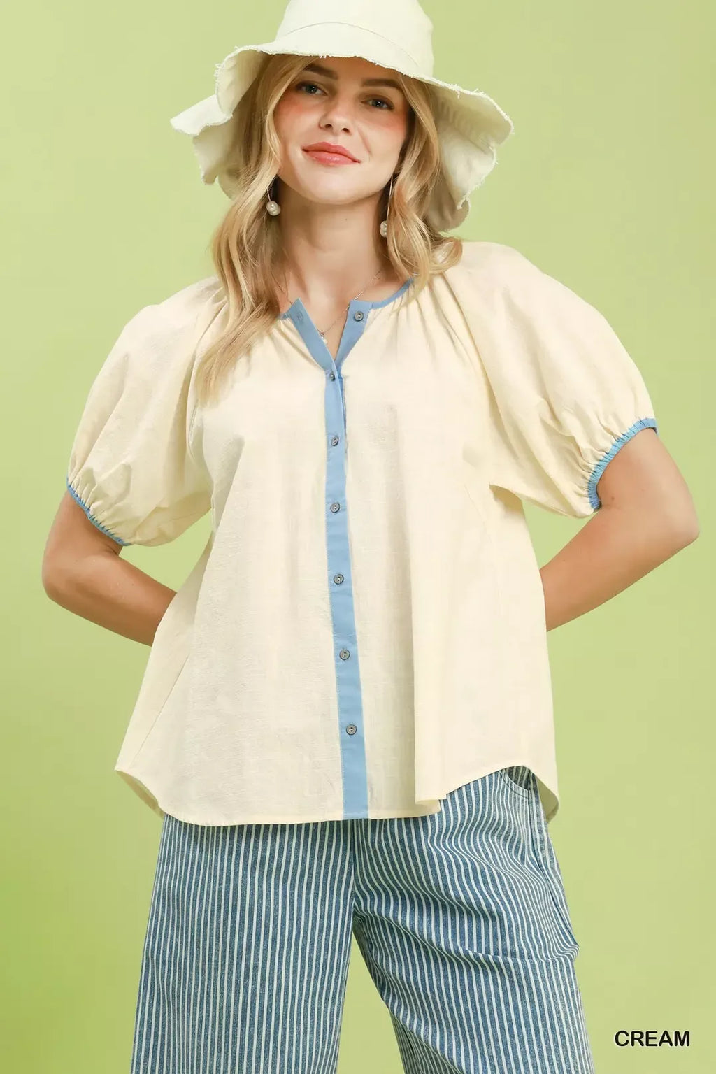 Umgee Contrast Trim Button Front Puff Sleeve Blouse