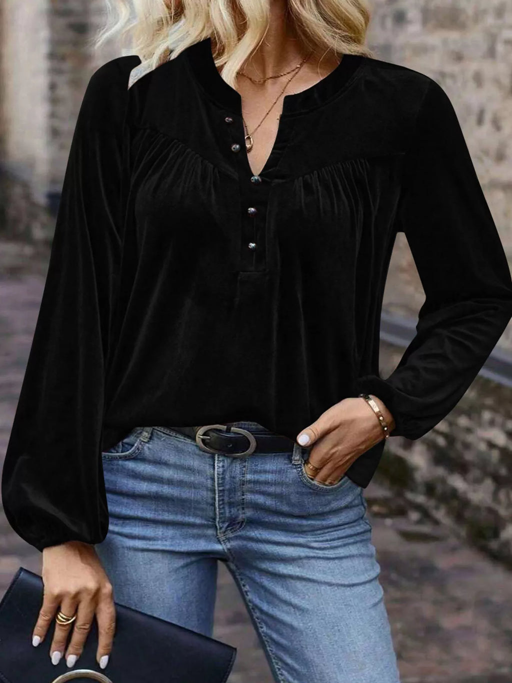 Velvet Balloon Sleeve Blouse