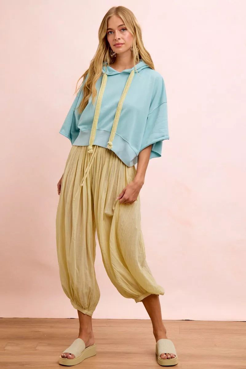 BiBi Washed Terry Short Sleeve Drawstring Hoodie Top