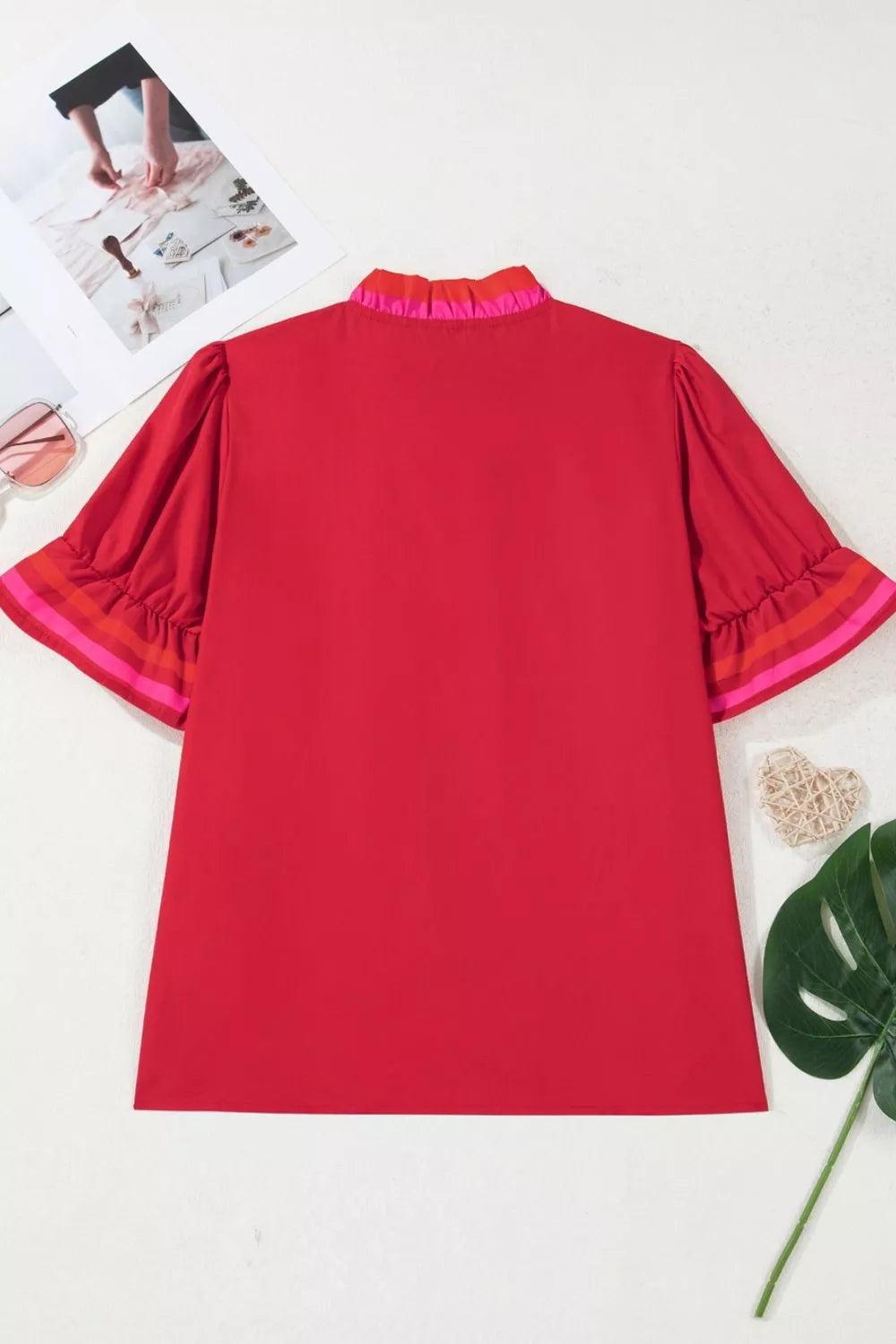 Ruffled Sleeve Notched Blouse with Striped Detail