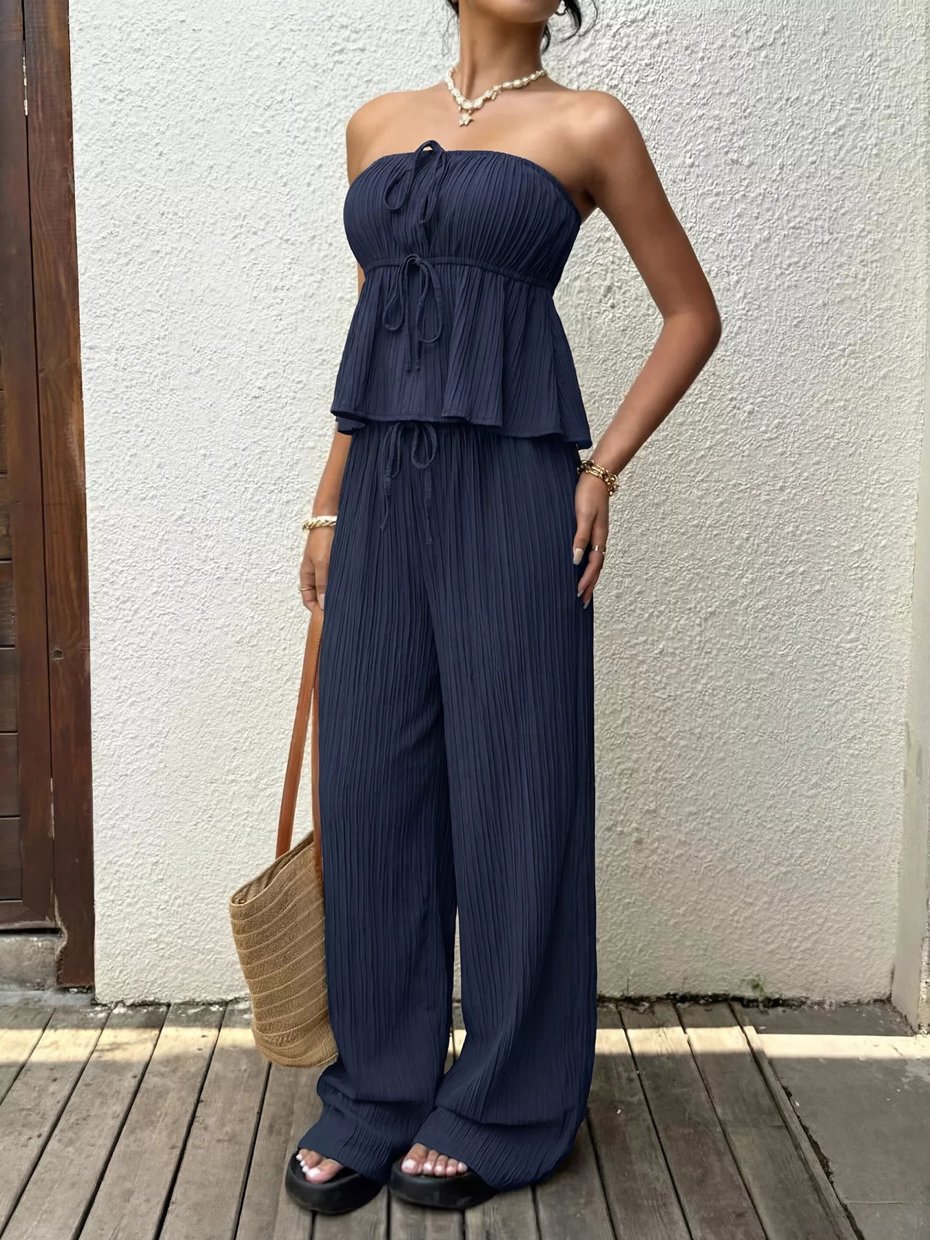 Textured Tube Top & Wide Leg Pants Set