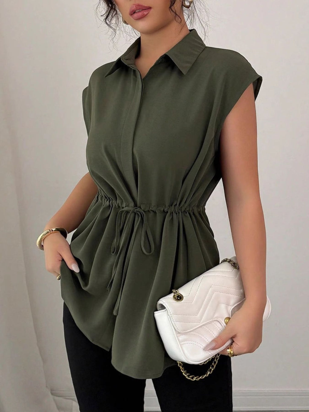 Drawstring Waist Cap Sleeve Shirt