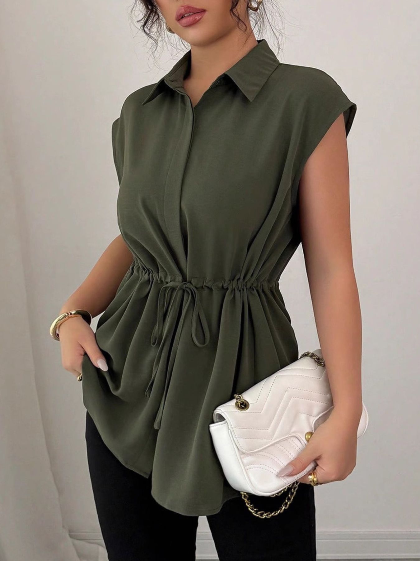 Drawstring Waist Cap Sleeve Shirt