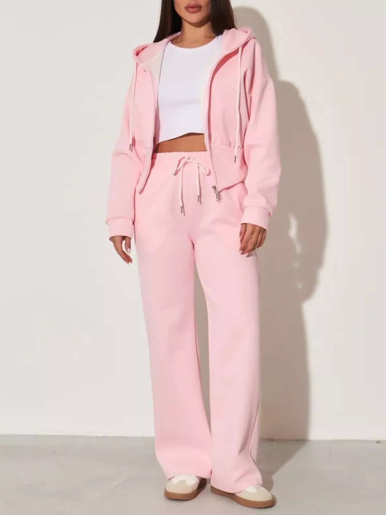 Zip-Up Hoodie and Wide-Leg Pants Set