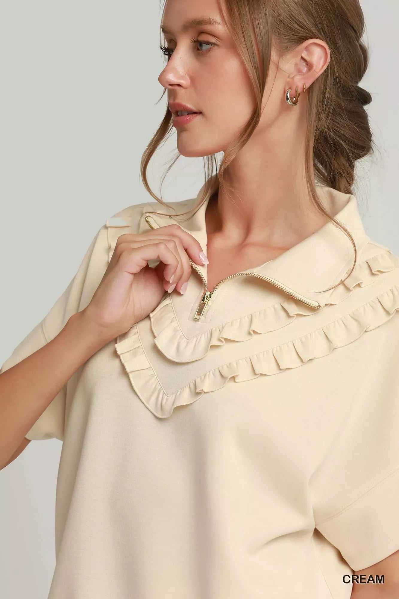 Umgee Ruffle Quarter Zip Short Sleeve Top