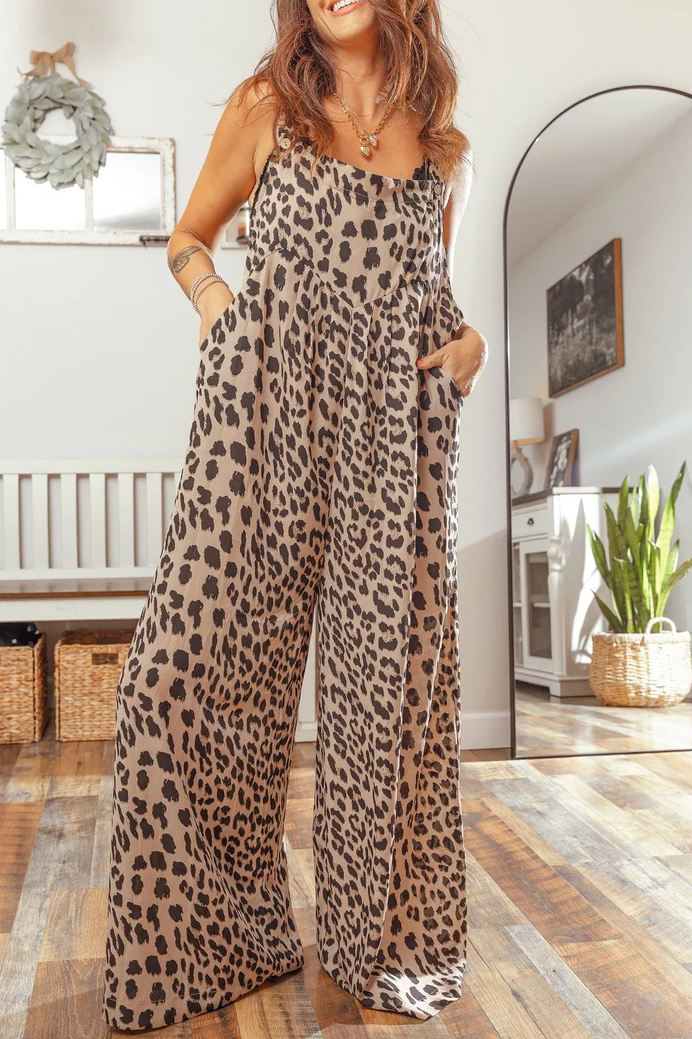 Leopard Print Square Neck Pleated Wide Leg Jumpsuit