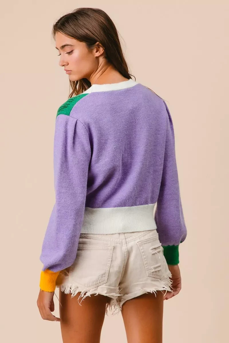 BiBi Mardi Gras Color Block Sequin Sweater Cardigan