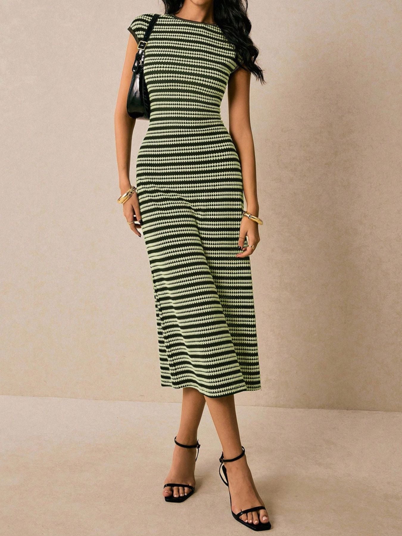 Striped Cap Sleeve Bodycon Midi Dress