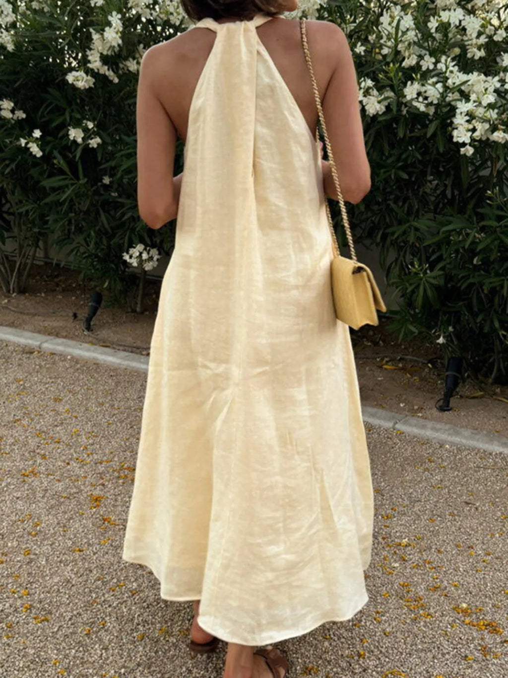 Halter V-Neck Linen Midi Dress