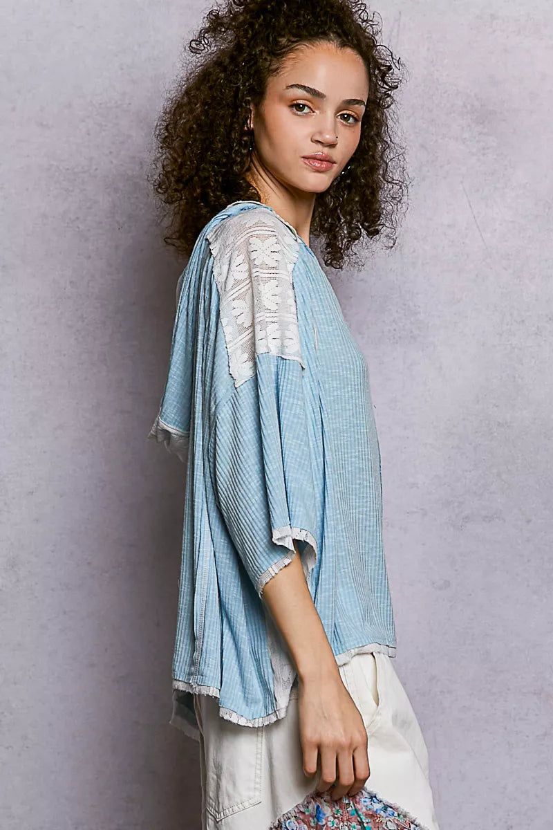 POL Short Sleeve Hoodie Top with Lace Detail