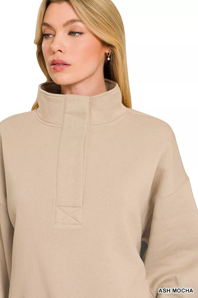 Zenana Fleece Half Snap Button Sweatshirt