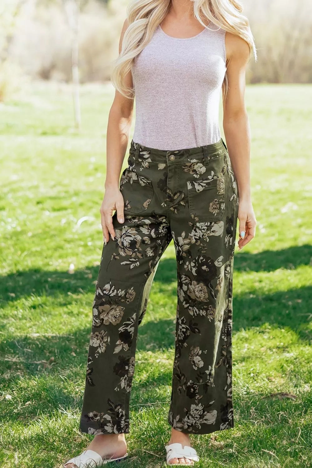 Vintage Style Floral Print High Waist Wide Leg Jeans