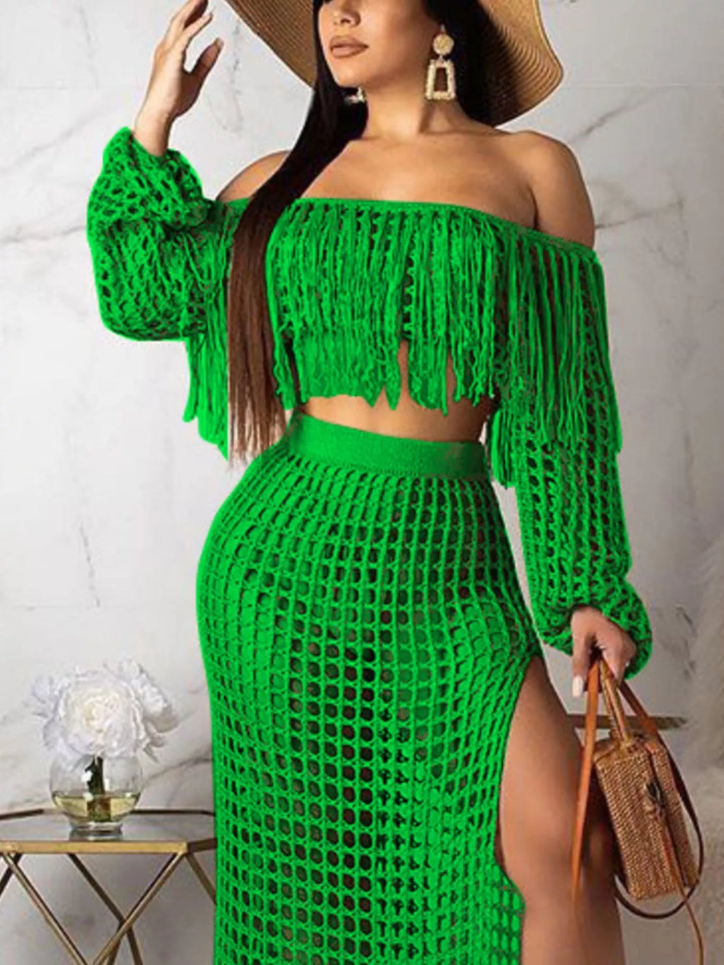 Full Size Crochet Off-Shoulder Fringe Top and Skirt Set Plus Size