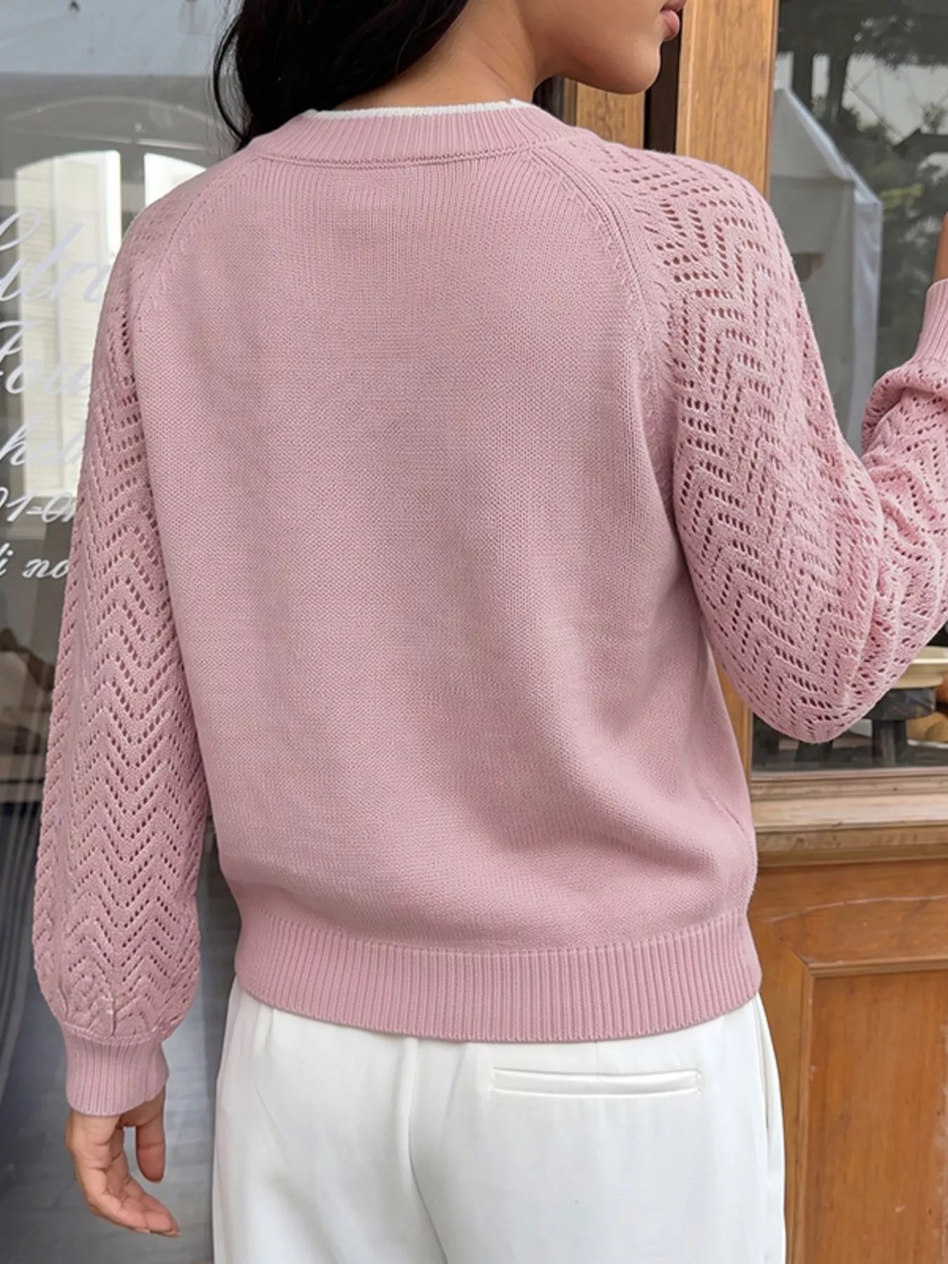 V-Neck Openwork Long Sleeve Sweater