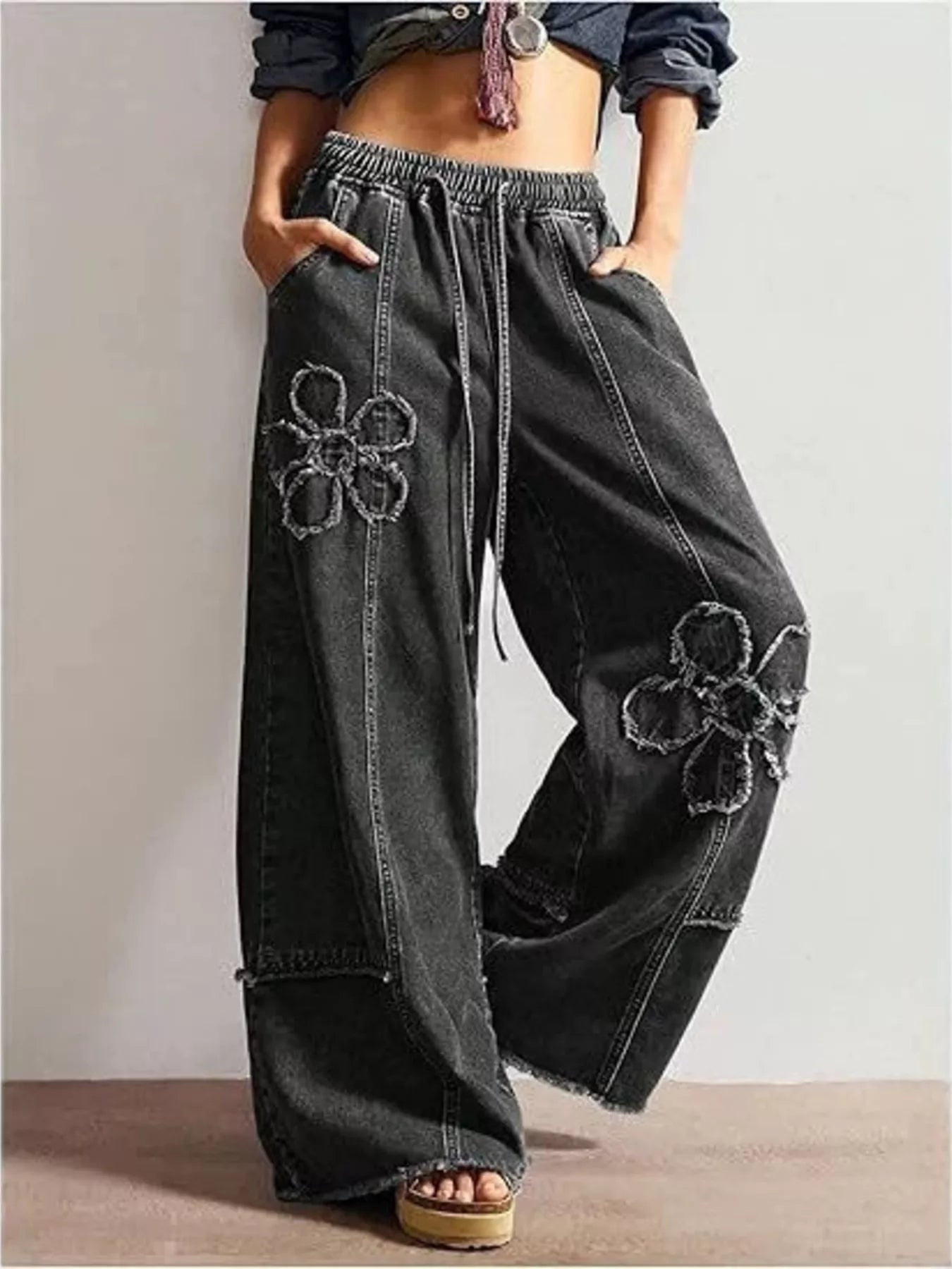 Floral Appliques Wide Leg Jeans